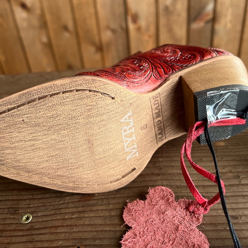 🌶️Scarlet Hand Tooled Genuine Leather Women Bootie Cowboy Boot Boho Western Red - Picture 15 of 16